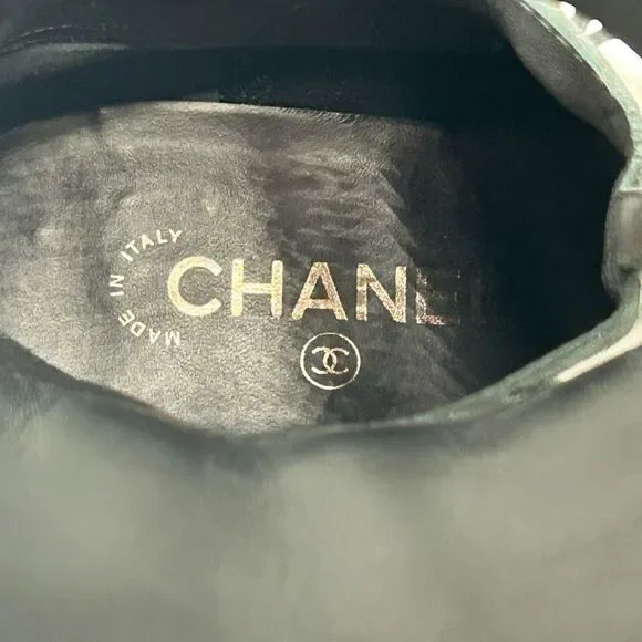 Chanel Knee High Boots Cap Toe Black Leather Lace Up Cutout - Picture 11 of 16